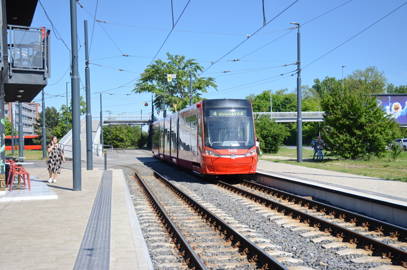Škoda 29T or 30T ForCity Plus model, a modern low-floor tram used by the Bratislava Public Transport Company